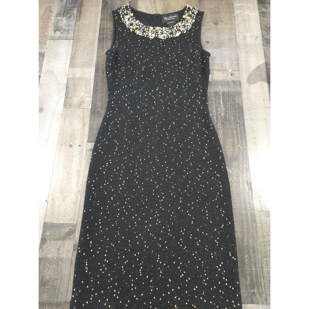 St John Couture Black Sequin Santana Knit Hand Beaded Dress Size 2 Made in USA - Picture 3 of 16